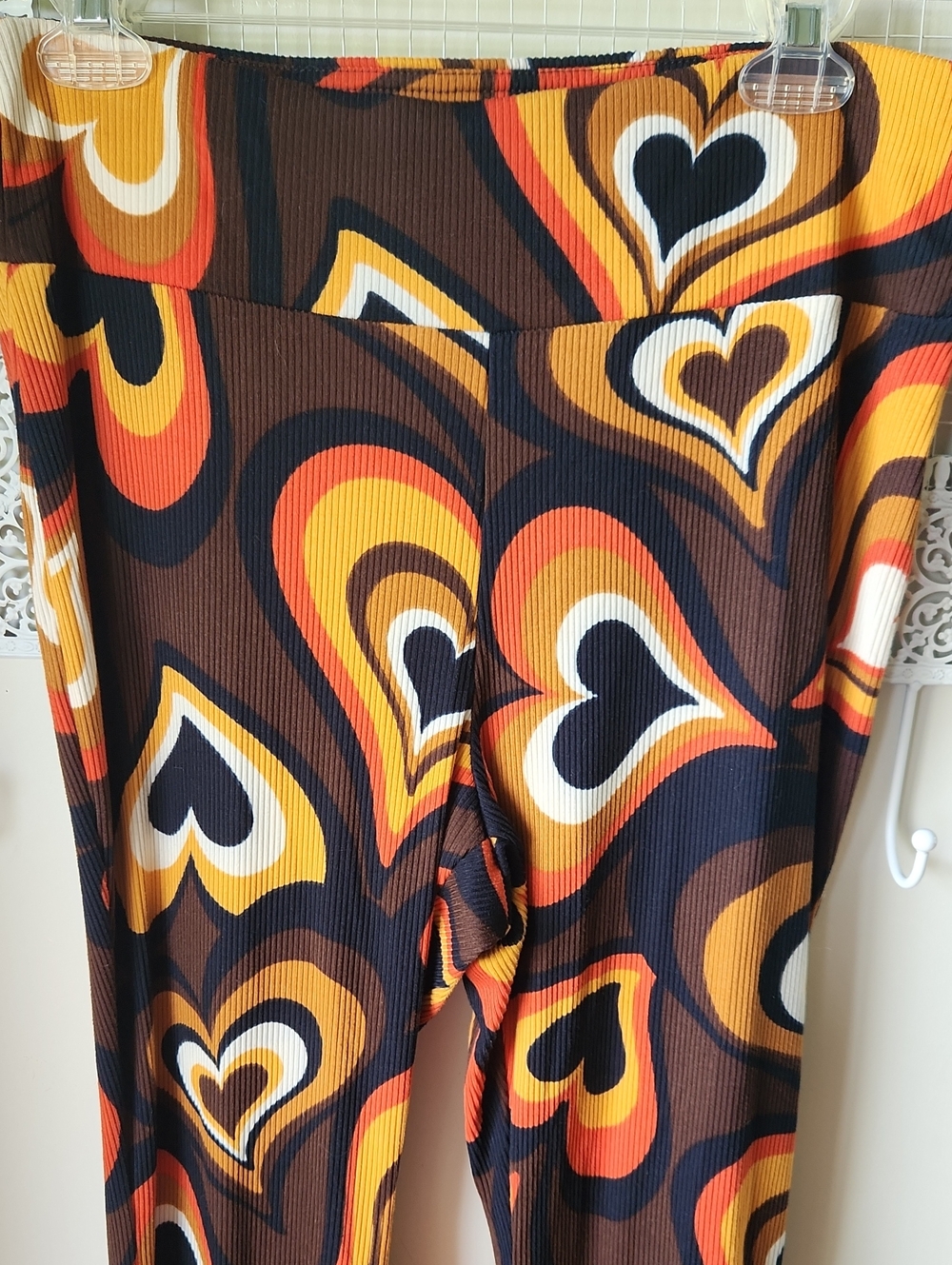 Mod Heart Print sz XL Boho Flare Bell Bottom Pants Hippie - Picture 3 of 8